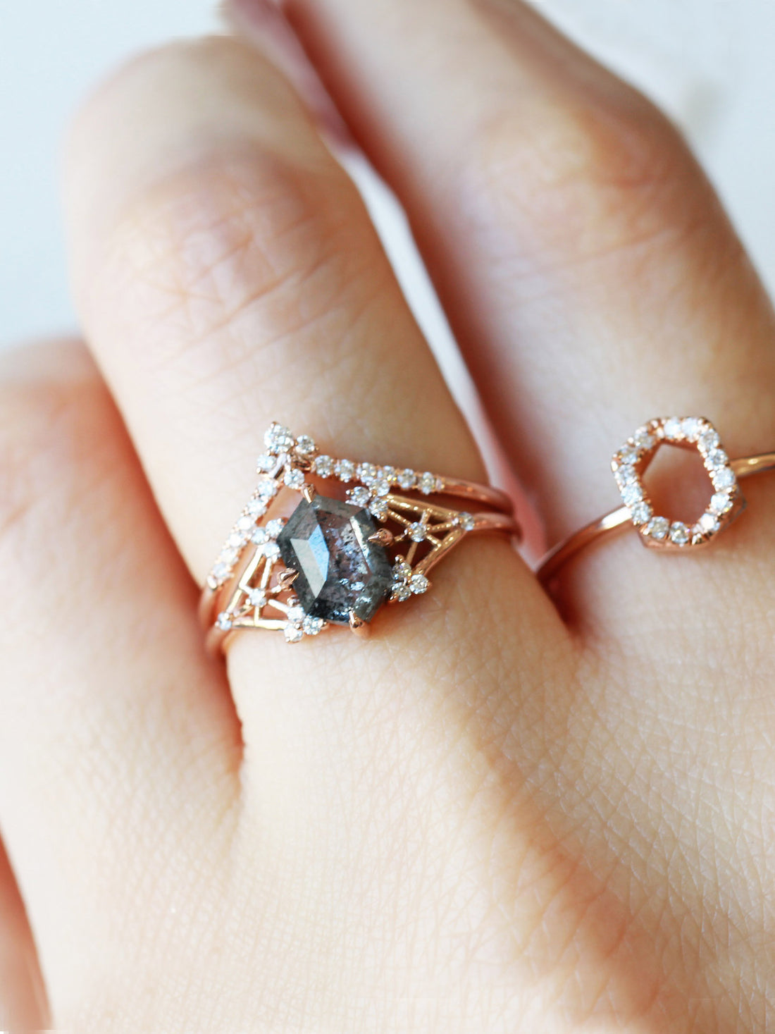 Salt and pepper diamond engagement ring unique fine jewelry art deco engagement ring rose gold diamond proposal ring