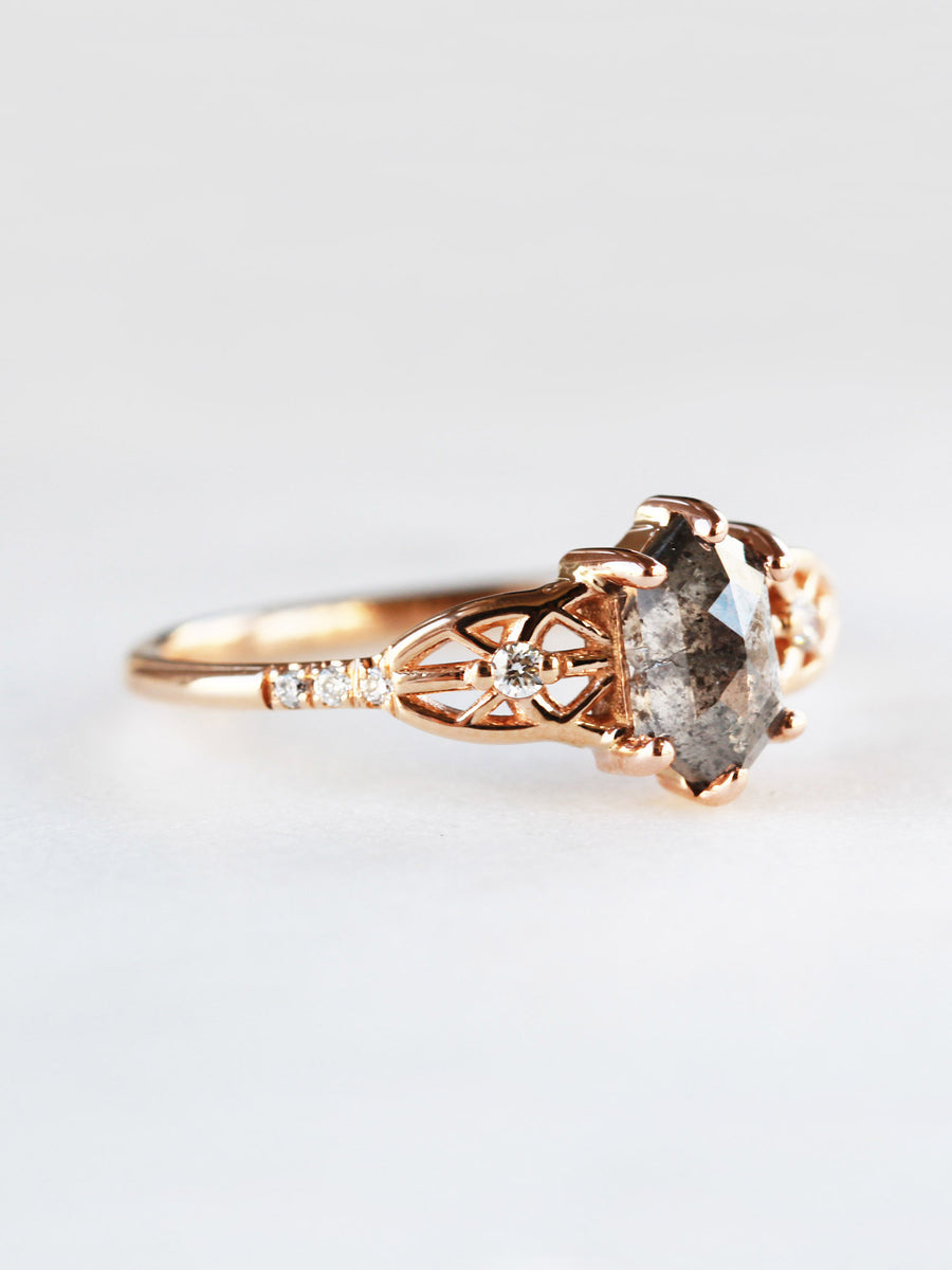 hiddenspace salt and pepper diamond engagement ring hexagon diamond fin jewelry rose gold proposal ring chrysler ring 5