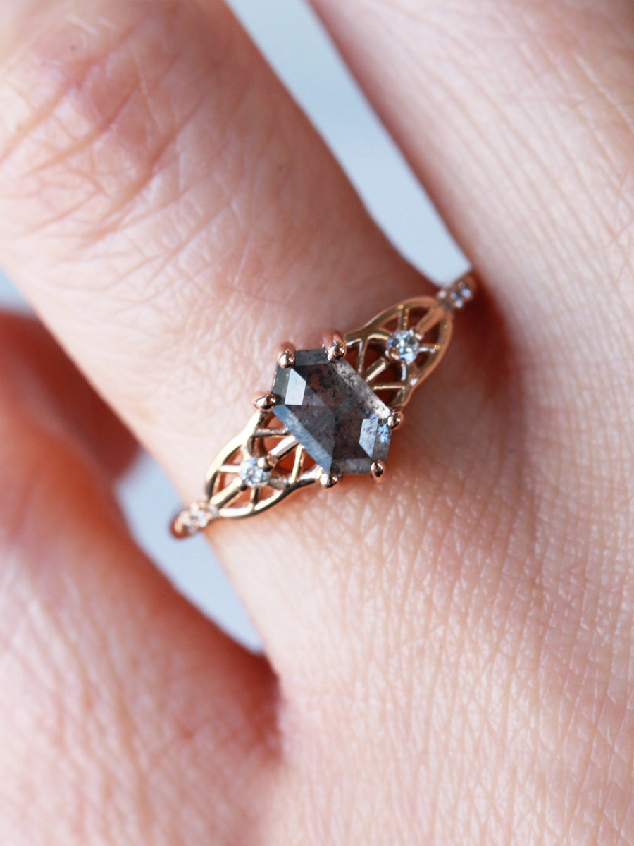 hiddenspace salt and pepper diamond engagement ring hexagon diamond fin jewelry rose gold proposal ring chrysler ring 3