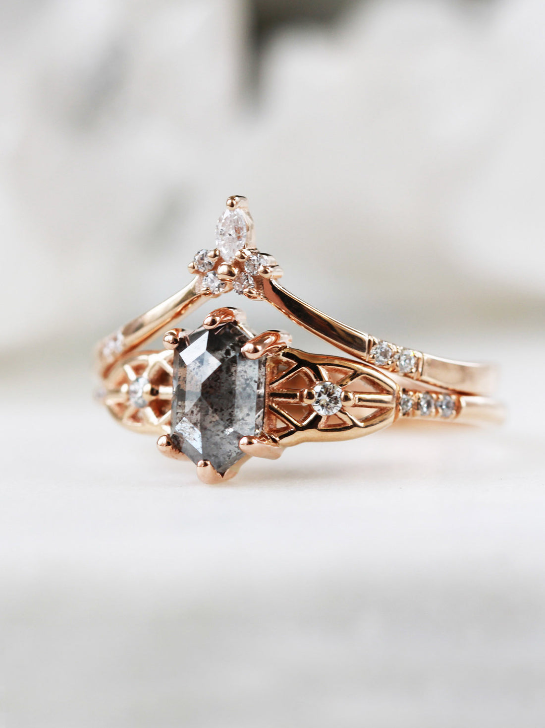 hiddenspace salt and pepper diamond engagement ring hexagon diamond fin jewelry rose gold proposal ring chrysler ring 6