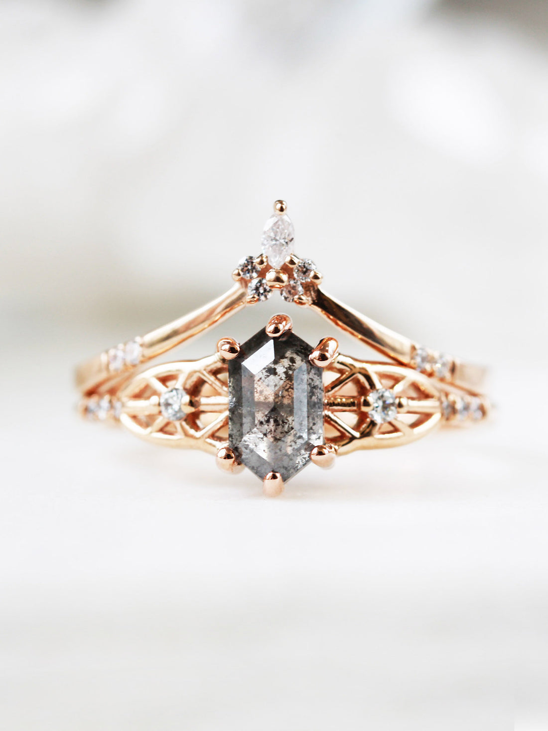 hiddenspace salt and pepper diamond engagement ring hexagon diamond fin jewelry rose gold proposal ring chrysler ring 7