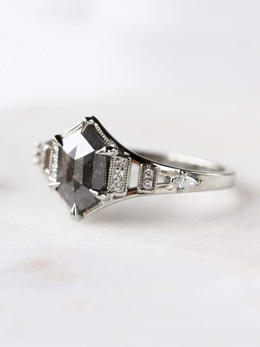 Hiddenspace jewelry eiffel ring engagement ring art deco architectural design diamond proposal ring salt and pepper diamond hexagon ring unique ring
