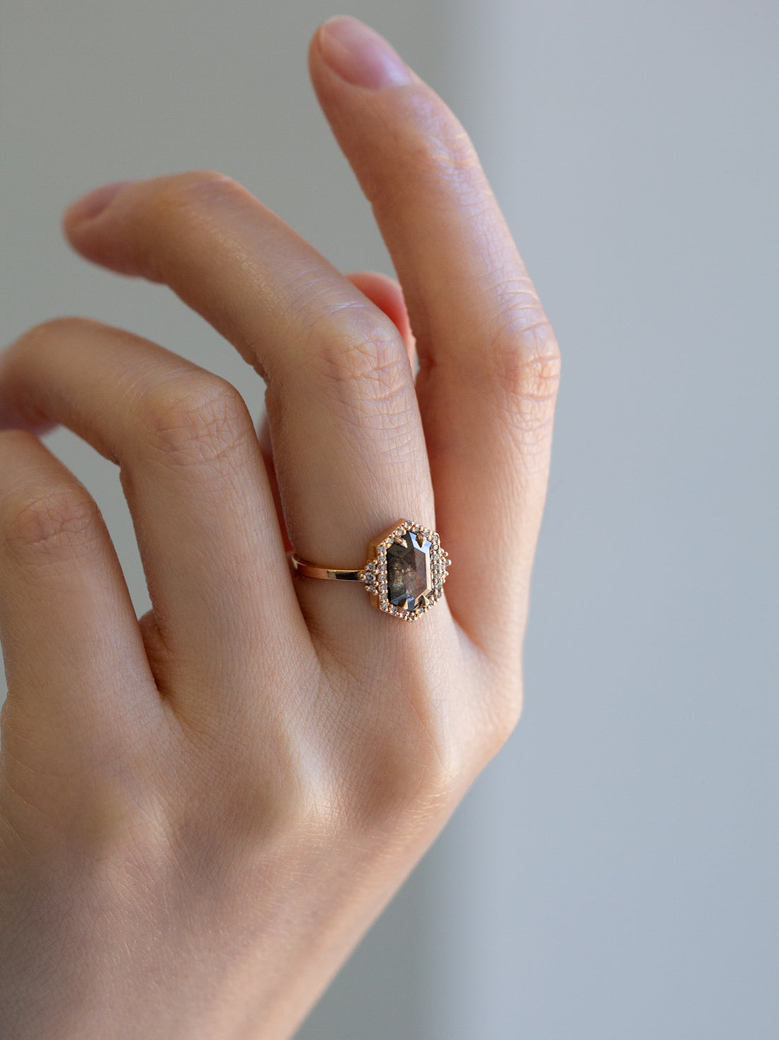 Unique art deco styled hexagon salt and pepper diamond engagement ring in 14k rose gold with round diamonds 3