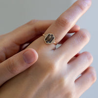 Unique art deco styled hexagon salt and pepper diamond engagement ring in 14k rose gold with round diamonds 5