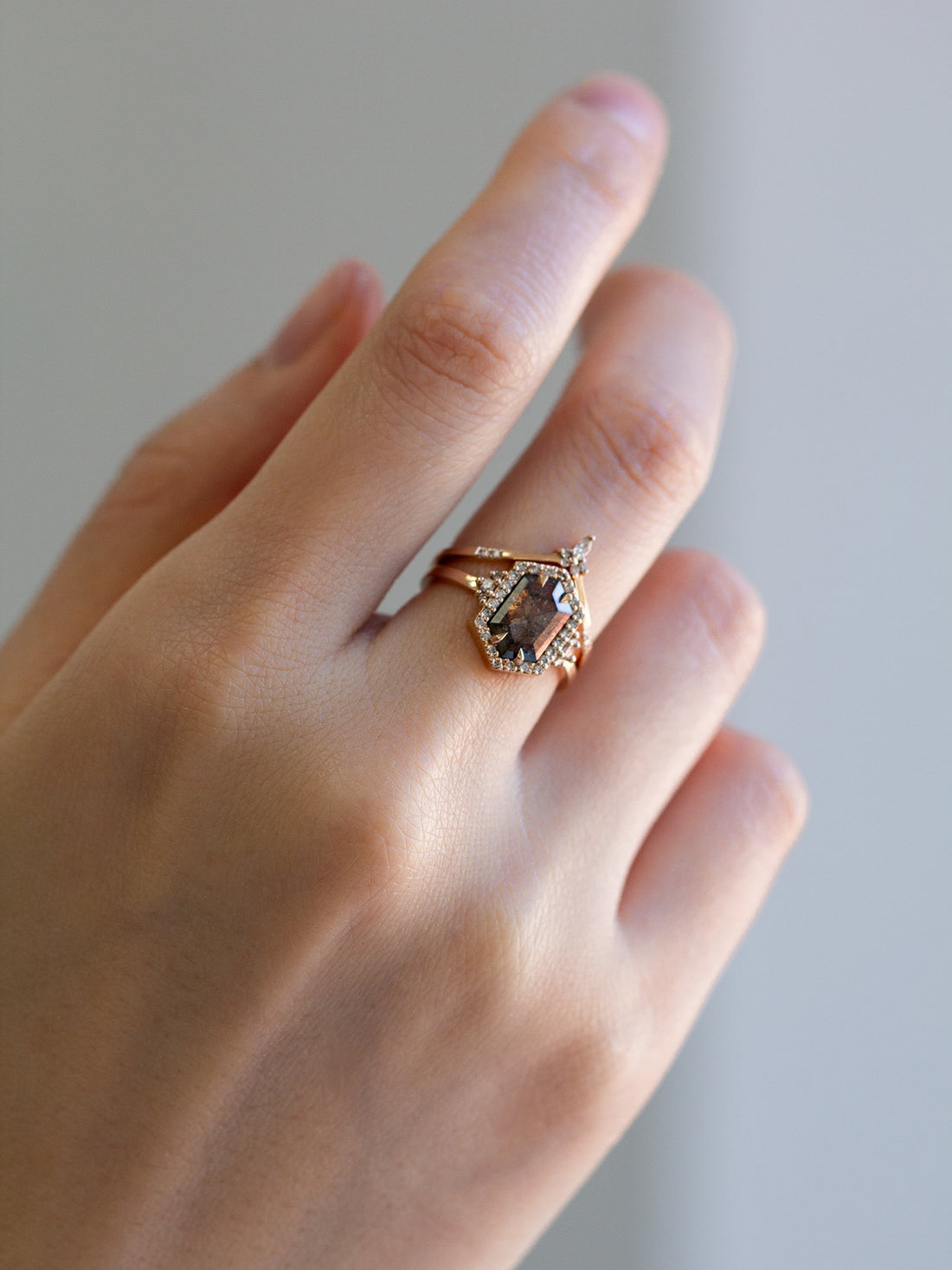 Unique art deco styled hexagon salt and pepper diamond engagement ring in 14k rose gold with round diamonds 4