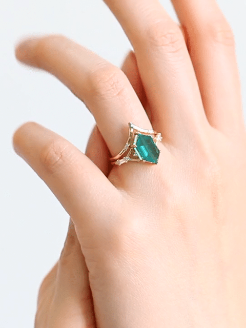 Hiddenspace jewelry fine jewelry emerald wedding band matching ring stacking ring engagement ring art deco fine jewelry unique stackings architectural design vintage ring