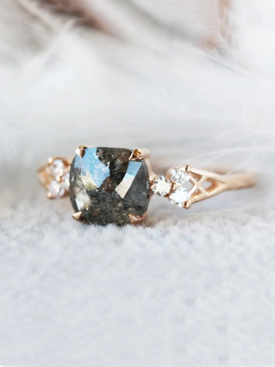 Salt and pepper diamond engagement ring cushion diamond proposal ring alternative engagement unique fine jewelry architectural designer ring