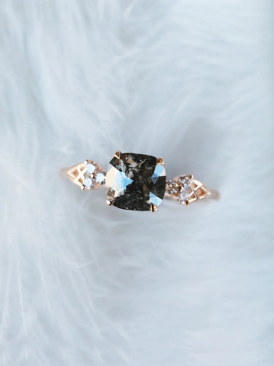 Salt and pepper diamond engagement ring cushion diamond proposal ring alternative engagement unique fine jewelry architectural designer ring