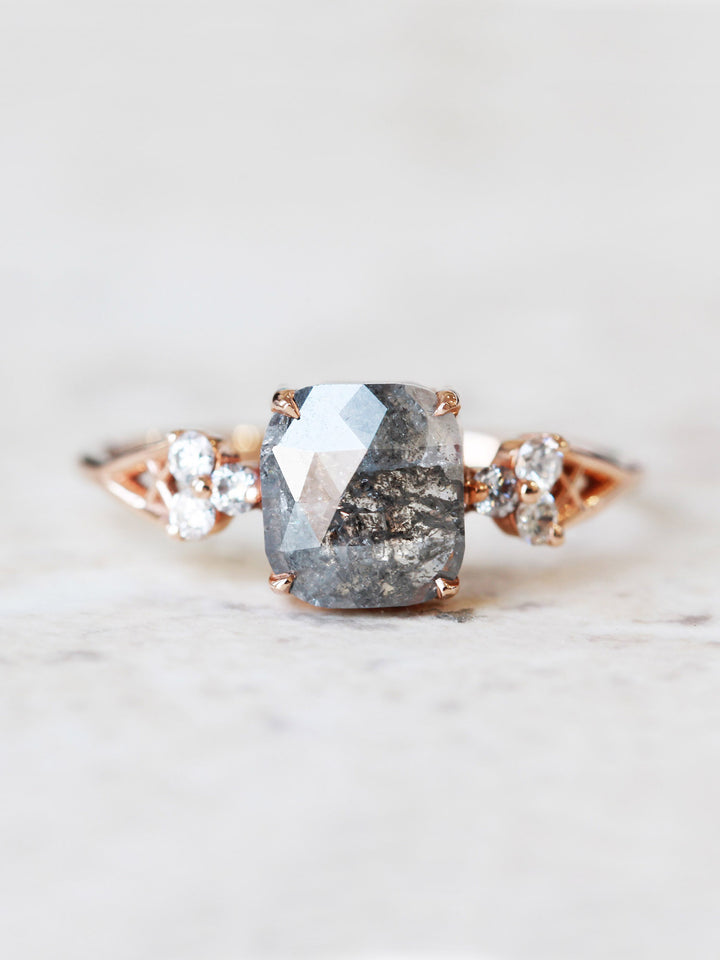 Salt and pepper diamond engagement ring cushion diamond proposal ring alternative engagement unique fine jewelry architectural designer ring