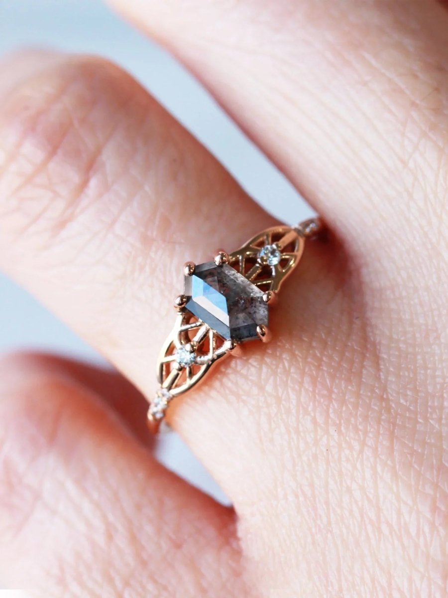 hiddenspace salt and pepper diamond engagement ring hexagon diamond fin jewelry rose gold proposal ring chrysler ring 8