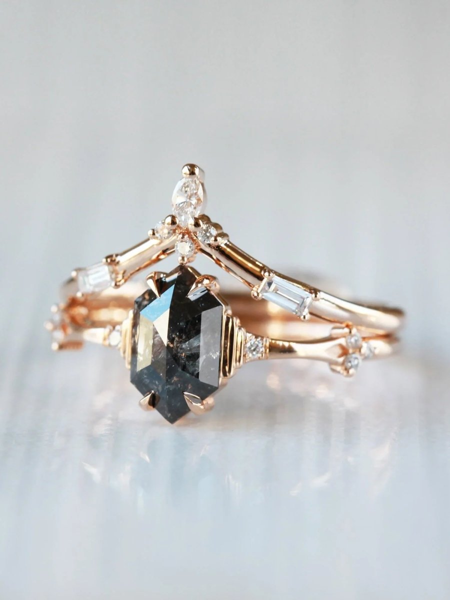 Unique art deco styled hexagon salt and pepper diamond engagement ring in 14k rose gold with smaller round diamonds.