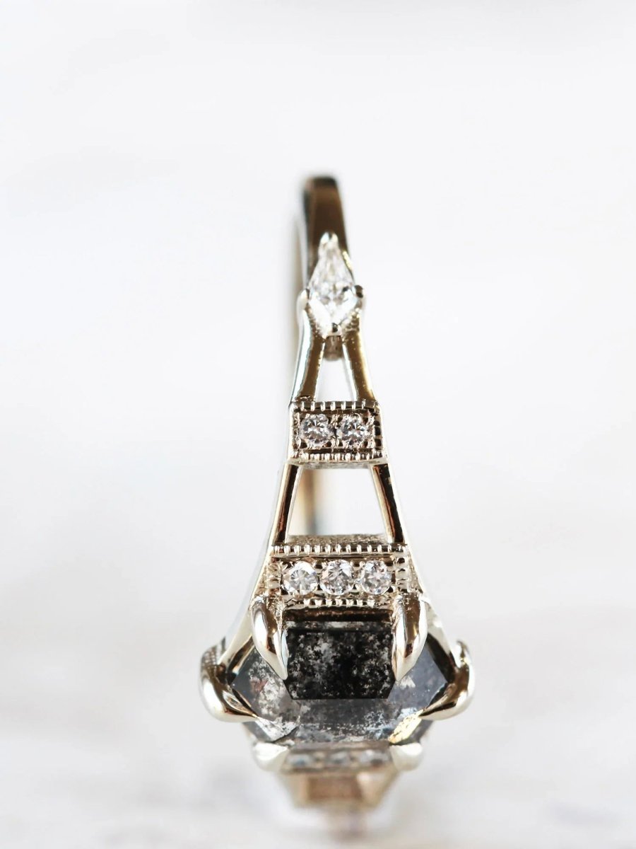 Hiddenspace jewelry eiffel ring engagement ring art deco architectural design diamond proposal ring salt and pepper diamond hexagon ring unique ring