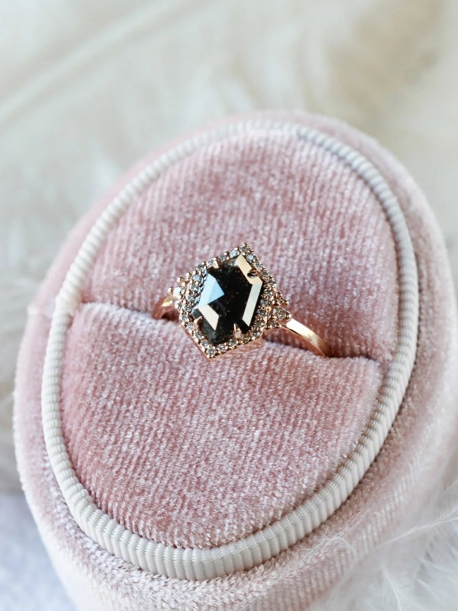 Unique art deco styled hexagon salt and pepper diamond engagement ring in 14k rose gold with round diamonds.