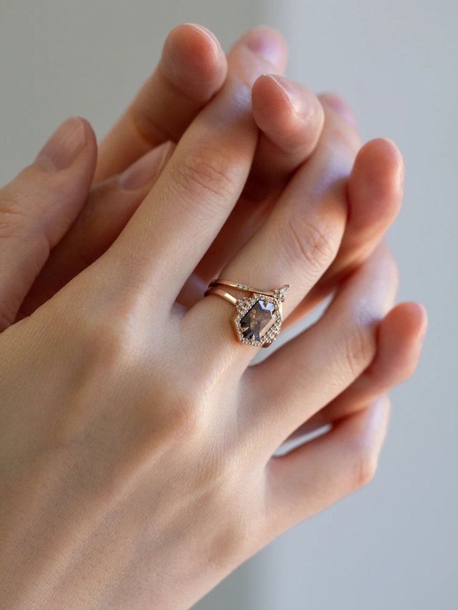 Unique art deco styled hexagon salt and pepper diamond engagement ring in 14k rose gold with round diamonds 6