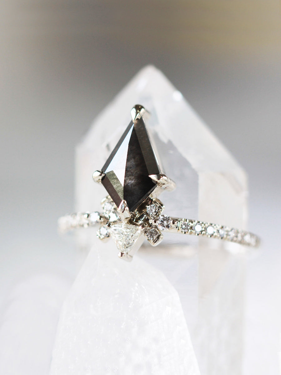 Salt and pepper kite diamond engagement ring art deco fine jewelry vintage engagement ring unique proposal ring architectural design jewelry