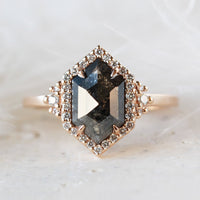 Unique art deco styled hexagon salt and pepper diamond engagement ring in 14k rose gold with round diamonds.